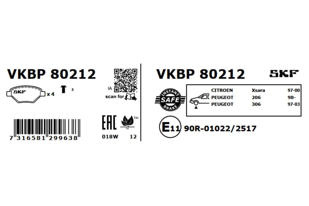 Jogo de 4 pastilhas de travão SKF ref. VKBP 80212